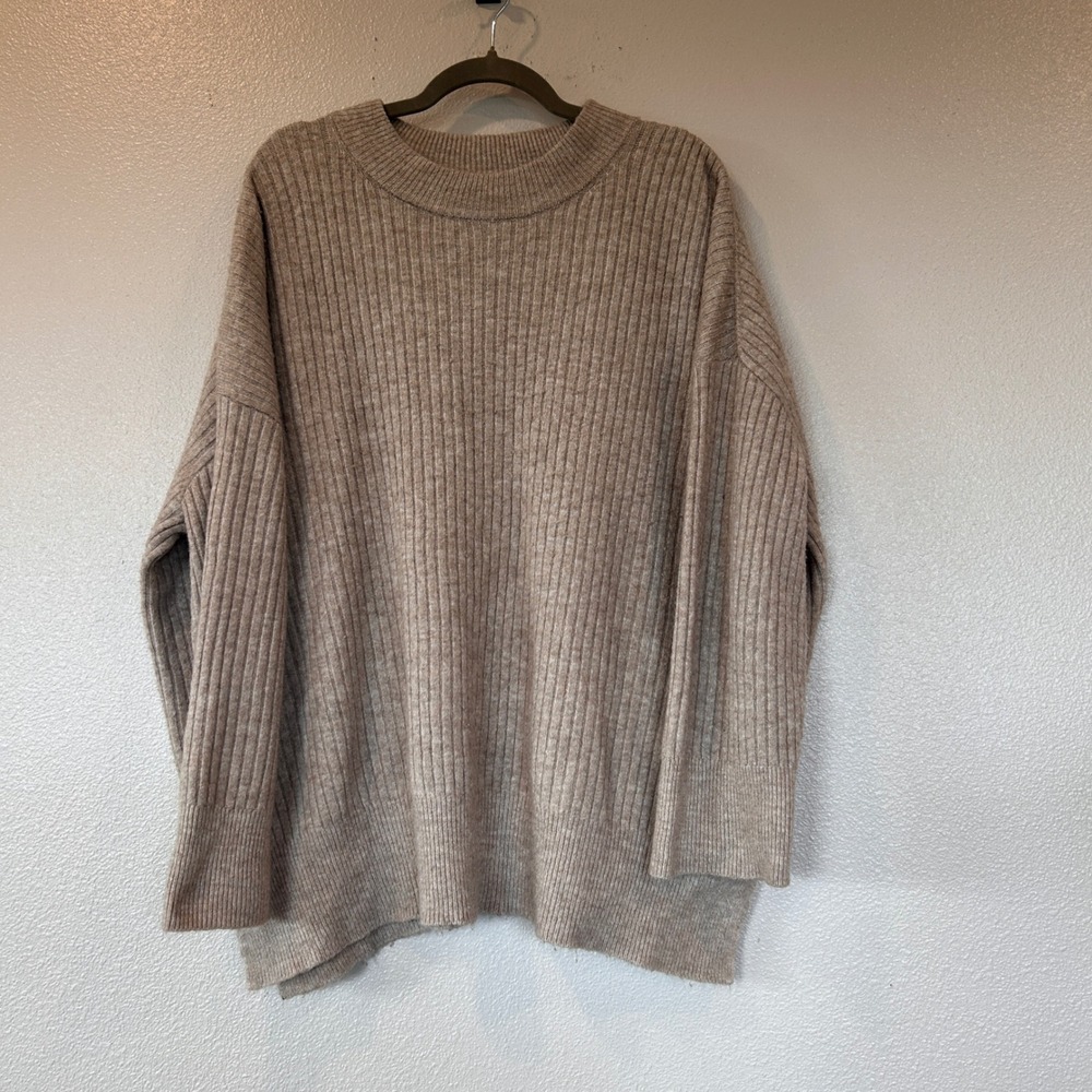 H&M Womens Ribbed Knit Oversized Sweater Taupe Marl Wool Blend Large L